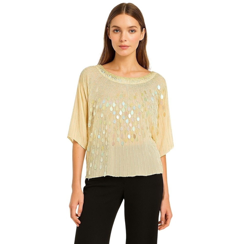 Oleg Cassini ‎ Womens Blouse Silk Beaded Paillette 80s Sequin Formal Wedding 2x